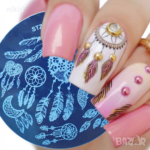 Капан за сънища пера кръгла плочка / щампа шаблон за печат на нокти STZ-121