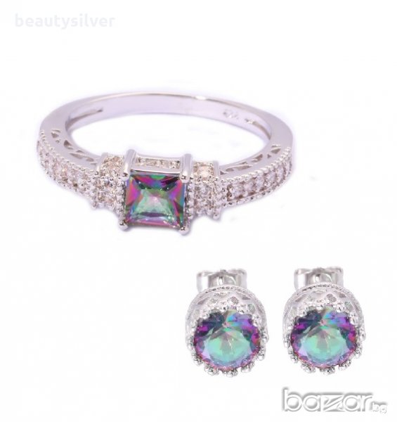 Стерлинги сребърен комплект обеци и пръстен Многоцветен Цирконий, снимка 1