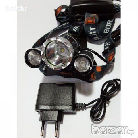 Мощен LED фенер - челник за глава с акумулаторни батерии и 3 LED диода Boruit, снимка 3 - Екипировка - 12467330