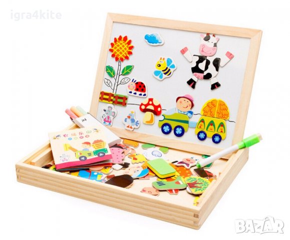 Mагнитна дъска с две страни Ферма-2 с магнити на магаренце,крава,прасенце,кон..