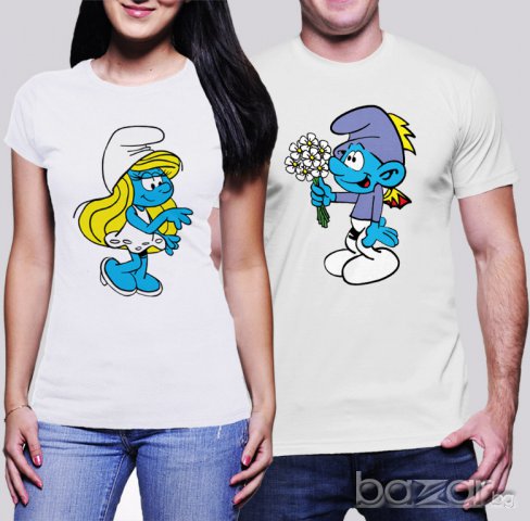 Дамска тениска Smurfette и Мъжка тениска Smurf Love, снимка 1 - Тениски - 9613541