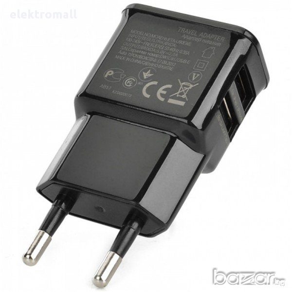 Универсално двойно USB зарядно  5V / 2.1A черно , снимка 1