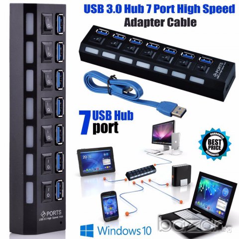 USB разклонител със 4,7 и 10 порта/със копчета за изключване - Висока скорост НОВ!, снимка 2 - Кабели и адаптери - 15571067