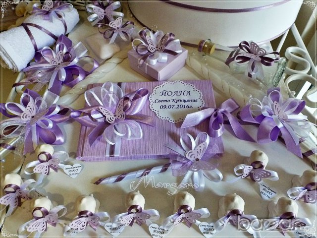 Комплект за кръщене с подаръчета - ангелчета в лилаво с пеперуди, снимка 2 - Подаръци за кръщене - 16465779