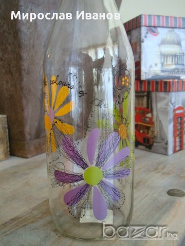 стъклена бутилка 1 литър декорация Цветя, снимка 3 - Други - 21130181