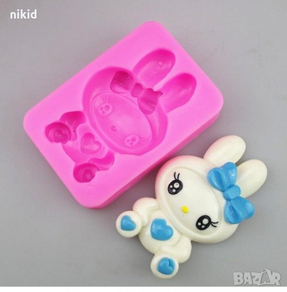 Зайче заек с панделка голям силиконов молд форма декорация торта мъфини украса, снимка 1