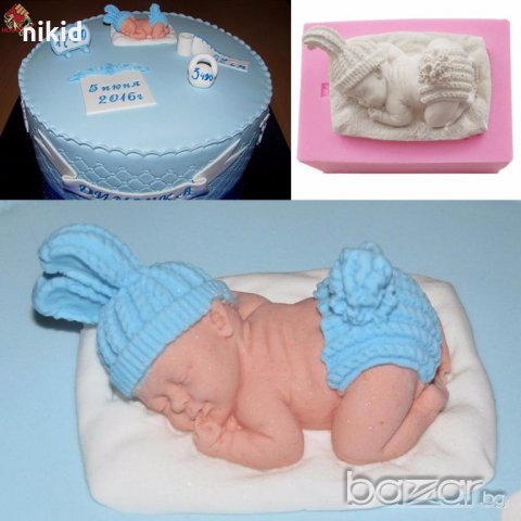 3D бебе с плетени заешки уши шапчица и гащички опашле на възглавница силиконов молд фондан гипс, снимка 4 - Форми - 18545629