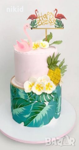 2 фламинго и хавайски листа Happy Birthday Златист твърд Акрил топер за торта украса, снимка 2 - Други - 25627138