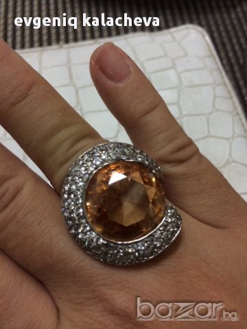Сребърен пръстен със цирконии и оранжев камък, снимка 3 - Пръстени - 16802237