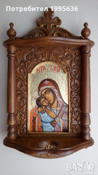 Дърворезба-домашен иконостас с иконопис "Богородица с младенеца", снимка 1