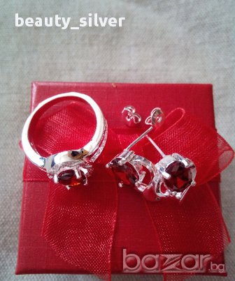 Сребърни стерлинги пръстен и обеци с червен Цирконий, код 0560, снимка 2 - Бижутерийни комплекти - 11006390