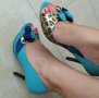 Отворени обувки в цвят тюркоаз с леопардов принт, снимка 1 - Дамски обувки на ток - 20986667