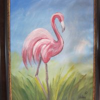 Автентична картина "Розово фламинго", снимка 1 - Картини - 24741740