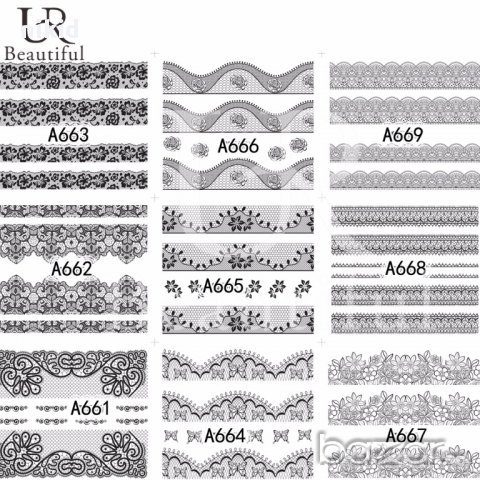 A625-672   48 бр черно бели дантела мрежа татос ваденки водни стикери за нокти маникюр, снимка 3 - Продукти за маникюр - 16866507
