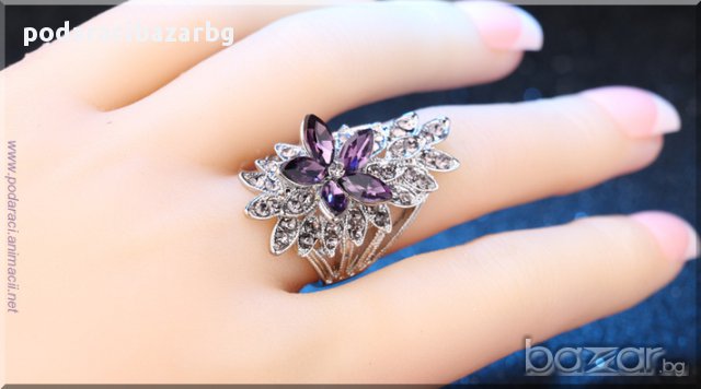 ЦВЕТЕ С ЛИЛАВИ КРИСТАЛИ – ПОСРЕБРЕН ДАМСКИ ПРЪСТЕН, снимка 2 - Пръстени - 17551574