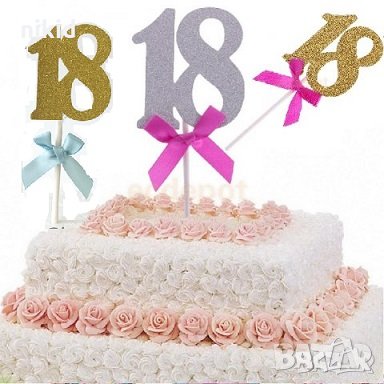 18 години цифра сребрист златист мек брокатен с пандела клечка топер рожден ден happy birthday торта, снимка 1