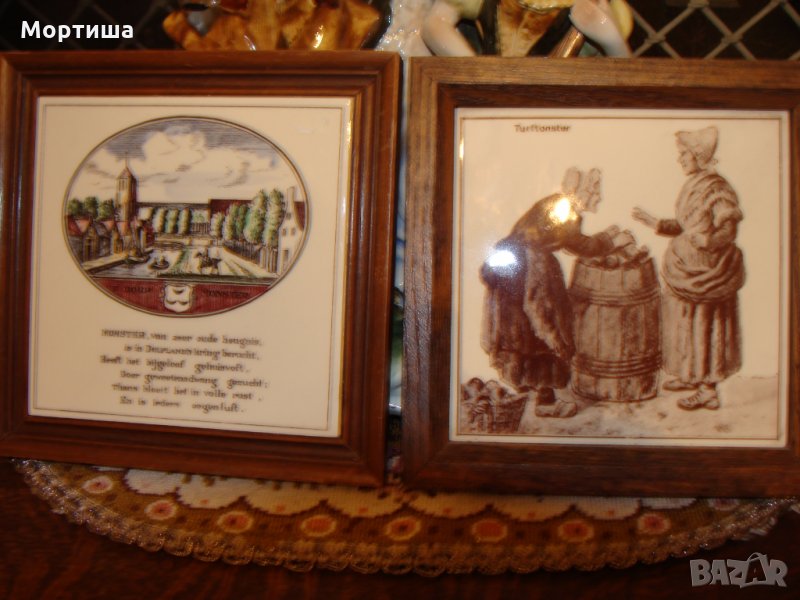 Ръчно рисувани порцеланови плочки в дървена рамка за стена, снимка 1