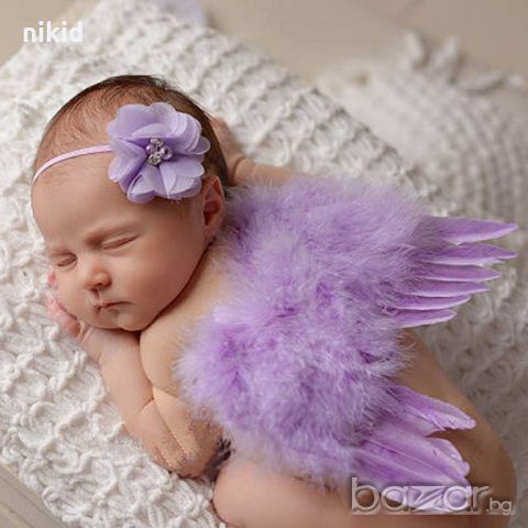 нежно лилави златни пухкави ангелски крила криле и лента с пандела за глава за бебе фотосесия фото, снимка 3 - Други - 20982606