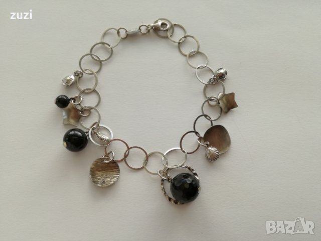 Италианска сребърна гривна с оникс и черни кристали  925-сребро , снимка 2 - Гривни - 24450215