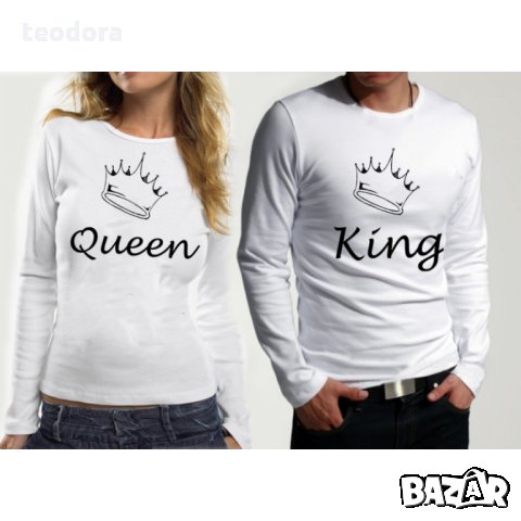 Комплект блузи за него и нея King Queen white, снимка 1 - Блузи с дълъг ръкав и пуловери - 23210730
