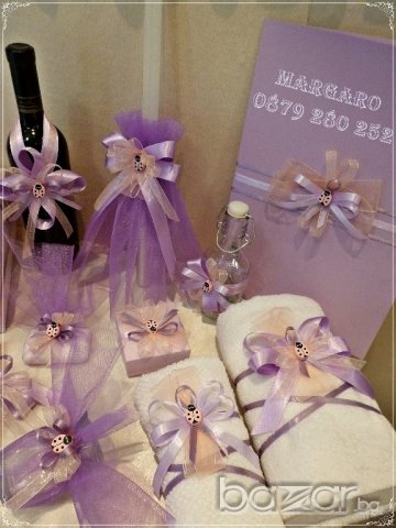 Комплект за кръщене в лилаво и цвят праскова с калинки, снимка 3 - Подаръци за кръщене - 17097066