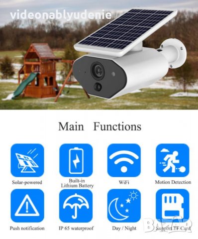 Водоустойчива Wi-Fi Соларна Камера FULL HD 1080P 2х18650 Батерии Микрофон Високоговорител Карта Слот