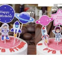 момиче момче космос планети Happy Birthday  6 бр картонени топери украса за торта рожден ден, снимка 1 - Други - 26193672