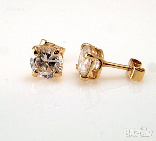 Златни обеци с цирконии 7 мм на щифт 2.45 грама, снимка 1