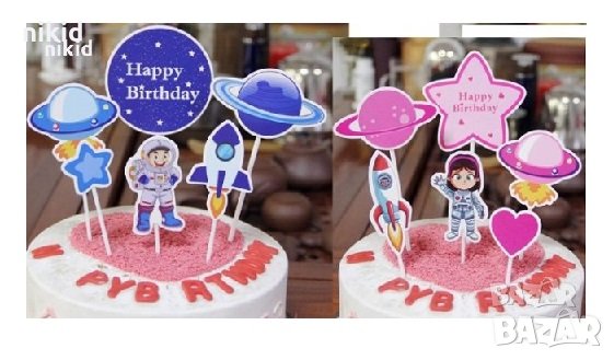 момиче момче космос планети Happy Birthday  6 бр картонени топери украса за торта рожден ден, снимка 1