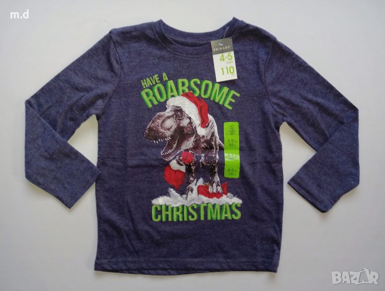 Коледна блуза за момче с динозавър, размер 5-6 години, ръст 116 см, снимка 1