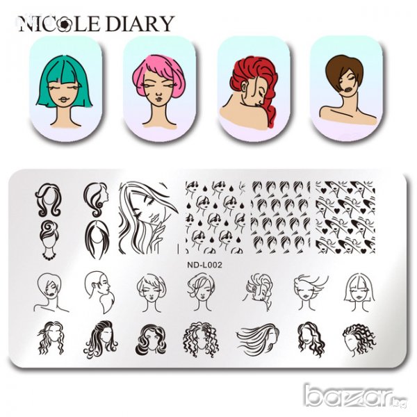 прически правоъгълен Шаблон за щампа печати за нокти плочка оригинал NICOLE DIARY ND-L002, снимка 1