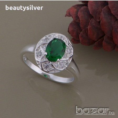 Сребърни обеци и пръстен със зелен или син Цирконий, код 0519, снимка 5 - Бижутерийни комплекти - 11006143