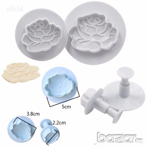 3 бр божурени божур рози пластмасови форми резци с бутало за сладки бисквитки