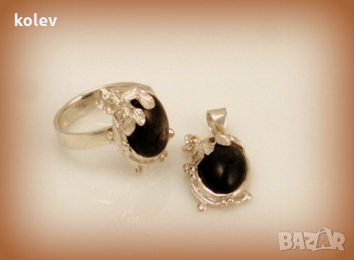 намаление! Комплект със сребрист ОБСИДИАН 14/10мм в сребърен обков, снимка 2 - Колиета, медальони, синджири - 21923204