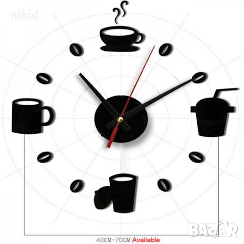Черен огледален чаши чаша зърна кафе стенен часовник атрактивен дизайн кухня кафене заведение стена, снимка 2 - Стенни часовници - 21492509