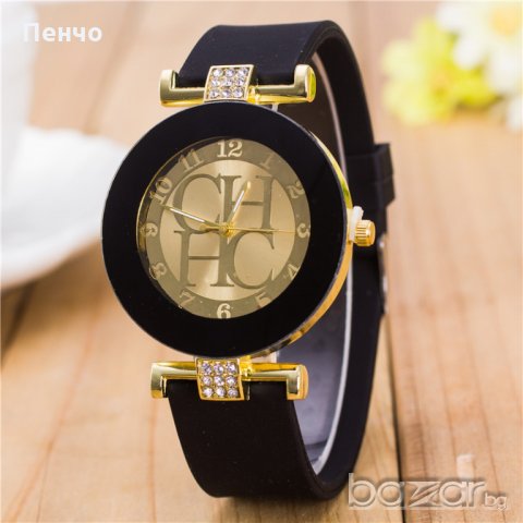 Нова модна марка Кварцов дамски часовник за Жени Кристал Силиконова черна каишка, снимка 1 - Дамски - 21423433