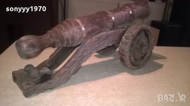 оръдие-топ-дърво и месинг-52х27х25см-внос швеицария, снимка 3 - Антикварни и старинни предмети - 23741780