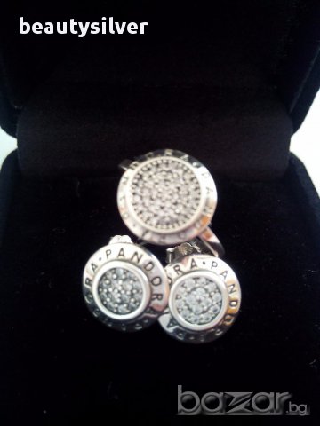 Сребърни стерлинги пръстен и обеци в стил PANDORA Проба S925, код 0521, снимка 3 - Бижутерийни комплекти - 12781302