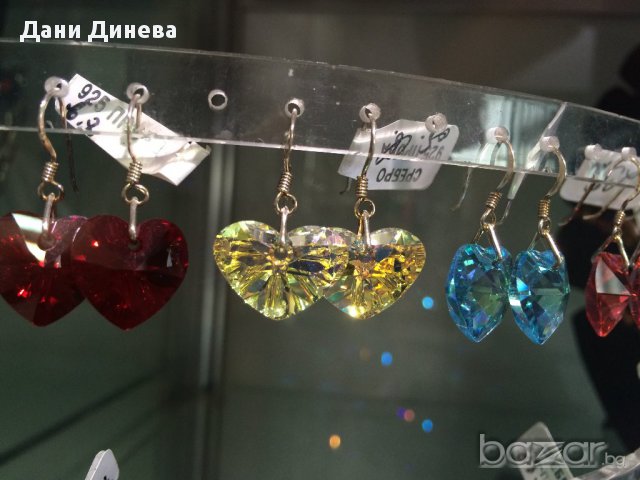 сребърни обеци сърца  Сваровски15мм, снимка 1 - Обеци - 9732601