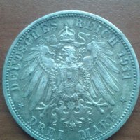 3 Mark 1911 Wilhelm II und Charlotte von Württemberg , снимка 2 - Нумизматика и бонистика - 20494418
