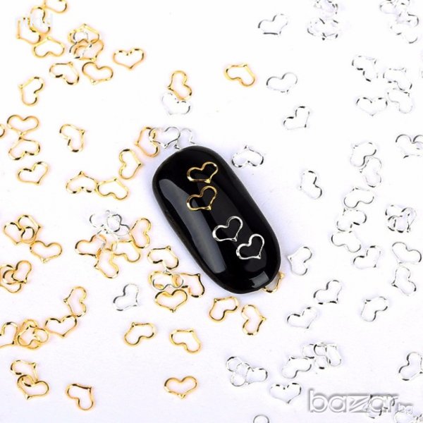 злато сребро 4 бр фини празни сърца Свети Валентин бижу декорация за нокти маникюр, снимка 1