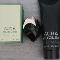 Нов комплект THIERRY MUGLER AURA 5 ml  EDP + 50 ml боди лосион + козметична торбичка, снимка 4 - Козметика за тяло - 22947392