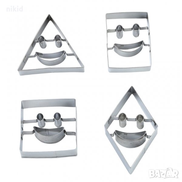 сет 4 големи геометрични метални резци усмивки усмихнати лица Smile форми сладки бисквитки квадрат, снимка 1
