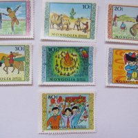 Сет 7 марки Детски картини, Монголия, 1976 г., минт, снимка 2 - Филателия - 24232445