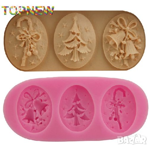 Троен Коледен силиконов молд овал овал елха бастун декор украса торта фондан шоколад и др., снимка 1