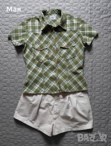 Дамски сет риза с къс ръкав и къси панталонки от бежов деним, снимка 1