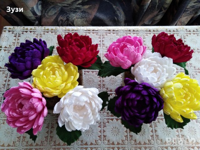 Цветя от хартия-Кълбести хризантеми, снимка 9 - Изкуствени цветя - 24676147