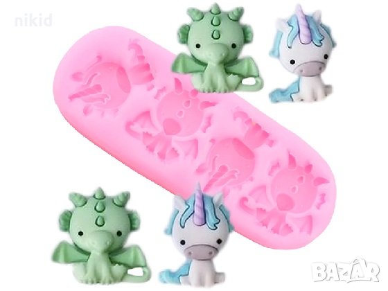 4 бр малки дракон драконче и еднорог силиконов молд форма декорация и украса торта фондан бисквитки, снимка 1