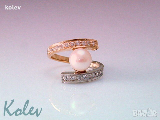 Златен пръстен от бяло и жълто злато с розово-бяла перла 4.87 грама, снимка 5 - Пръстени - 22955772