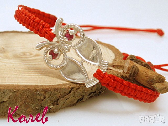 сребърен БУХАЛ в гривна червен конец, снимка 2 - Гривни - 25700339